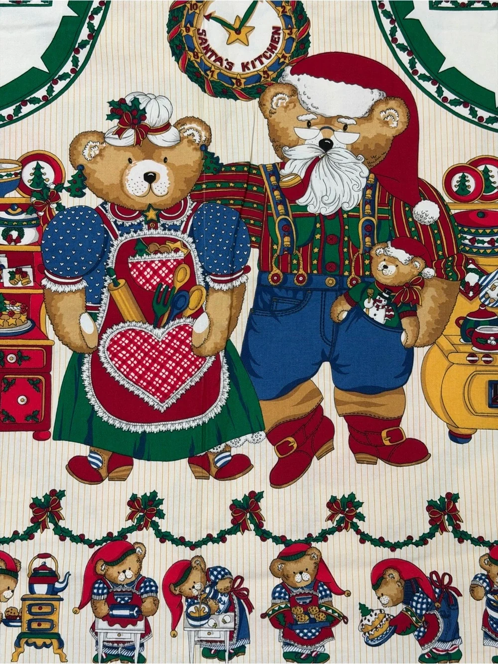 Santas' in the Kitchen Holiday Cotton Panel - Red & Green Bears